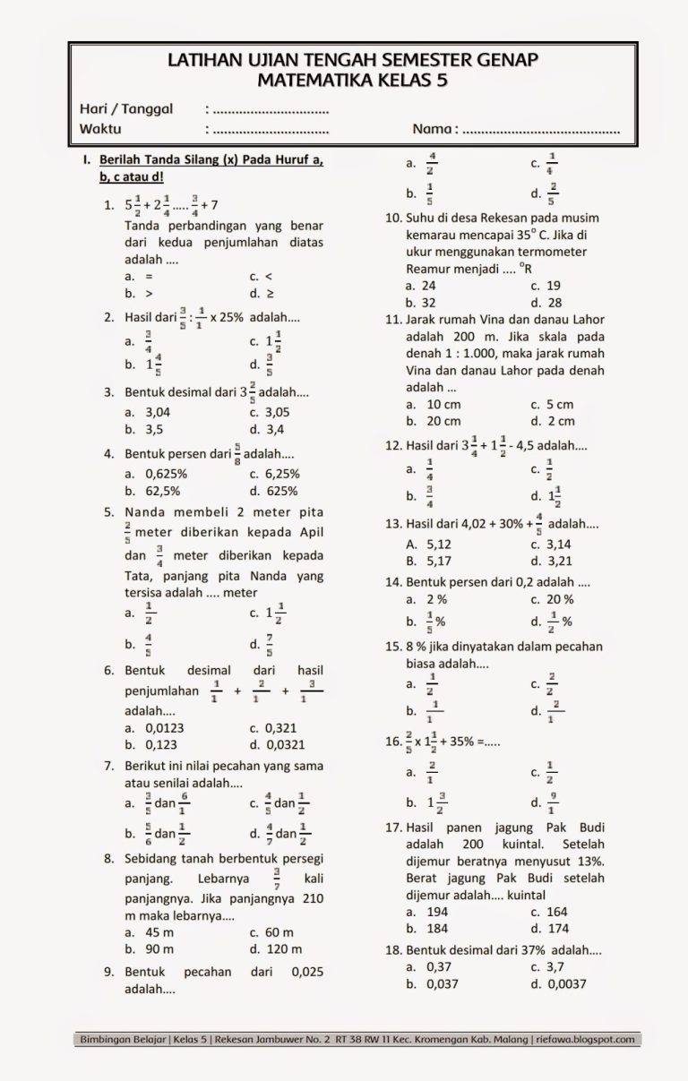 contoh soal kbd kelas v semester 2